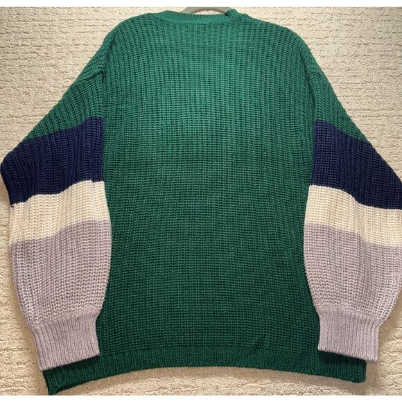 Evelyn Taylor Colorblock Knit Sweater V-Neck 1X Green Multi Stripe Chunky - Picture 2 of 7